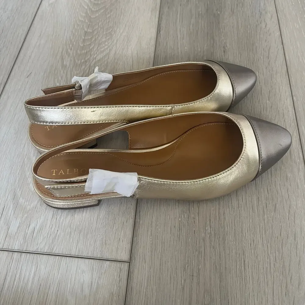 Talbots 'Edison' Womens 9M Metallic Slingback Cap Toe Flat Gold Shoe